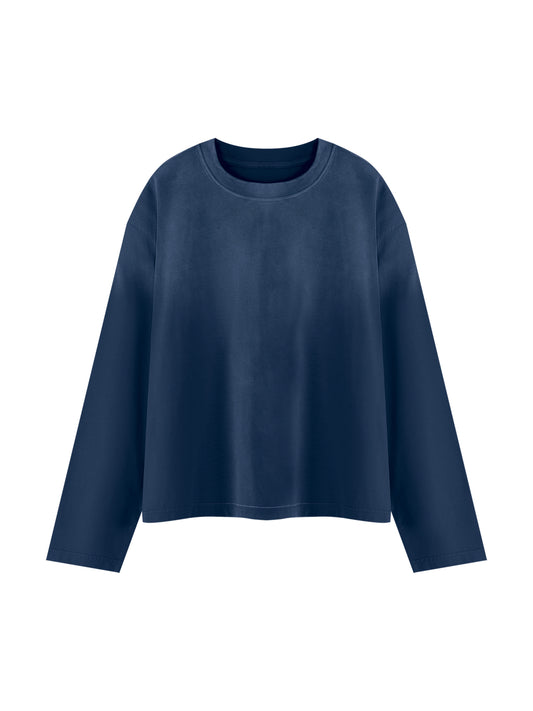 Front view of the blank Unisex Sunfade Boxy Long Sleeve T-Shirt; your artwork is added for your order