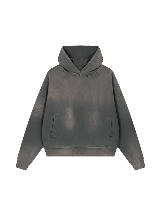 Front view of the blank Unisex Sunfade Distressed Boxy Hoodie; your artwork is added for your order