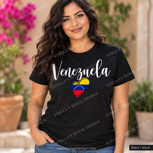 Adult Black Venezuela script and flag heart T-shirt; watermarked Stella's Royal Design mockup
