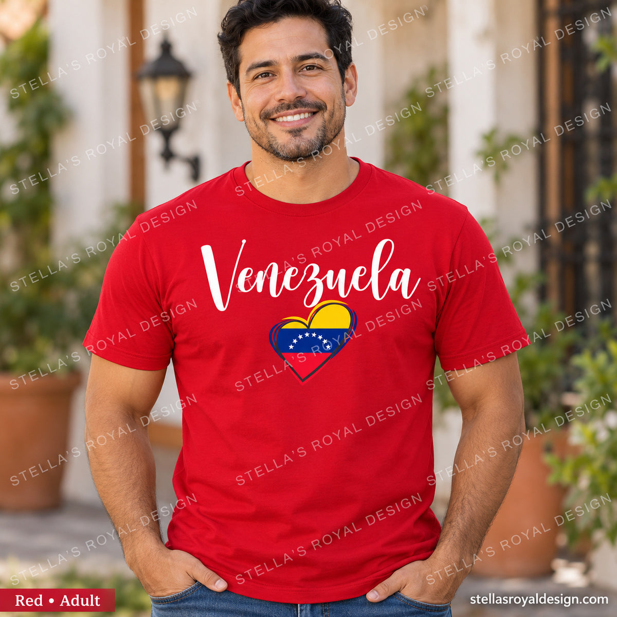 Adult Red Venezuela script and flag heart T-shirt; watermarked Stella's Royal Design mockup