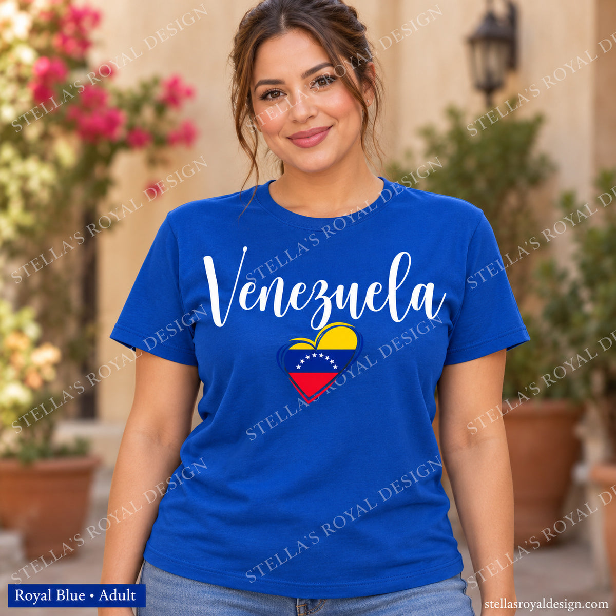 Adult Royal Blue Venezuela script and flag heart T-shirt; watermarked Stella's Royal Design mockup