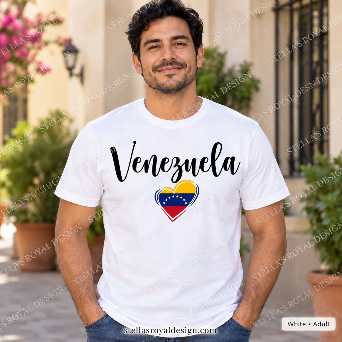Adult White Venezuela script and flag heart T-shirt; watermarked Stella's Royal Design mockup