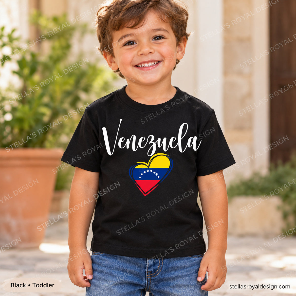 Toddler Black Venezuela script and flag heart T-shirt; watermarked Stella's Royal Design mockup