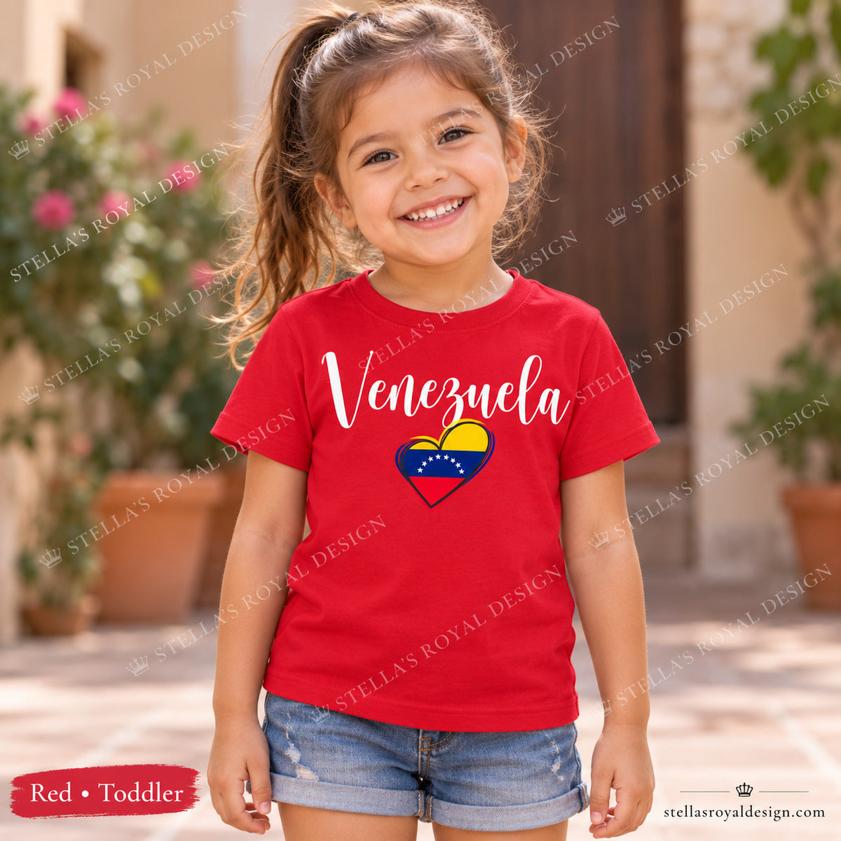 Toddler Red Venezuela script and flag heart T-shirt; watermarked Stella's Royal Design mockup