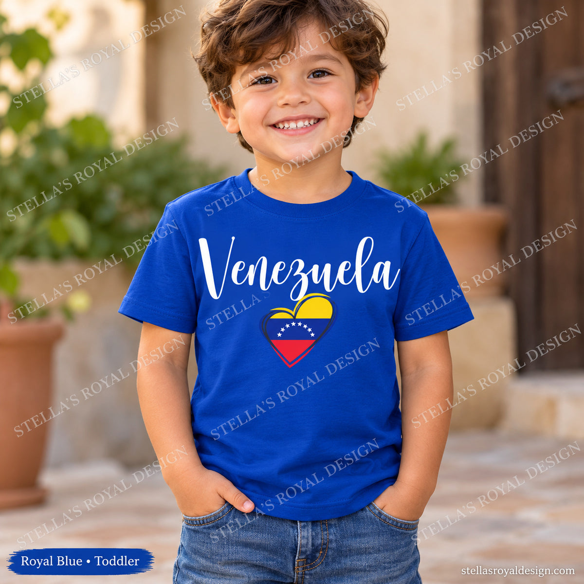 Toddler Royal Blue Venezuela script and flag heart T-shirt; watermarked Stella's Royal Design mockup