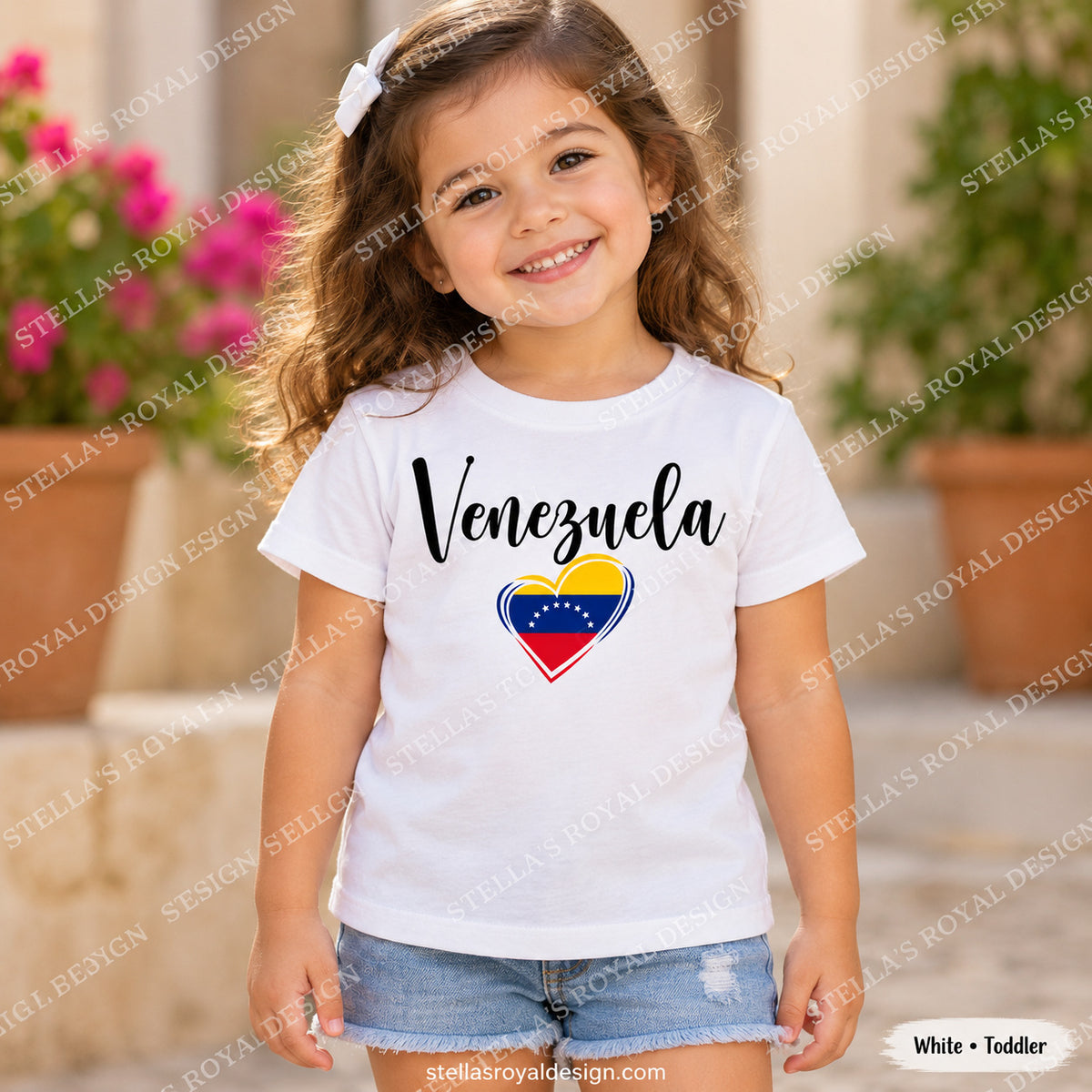 Toddler White Venezuela script and flag heart T-shirt; watermarked Stella's Royal Design mockup