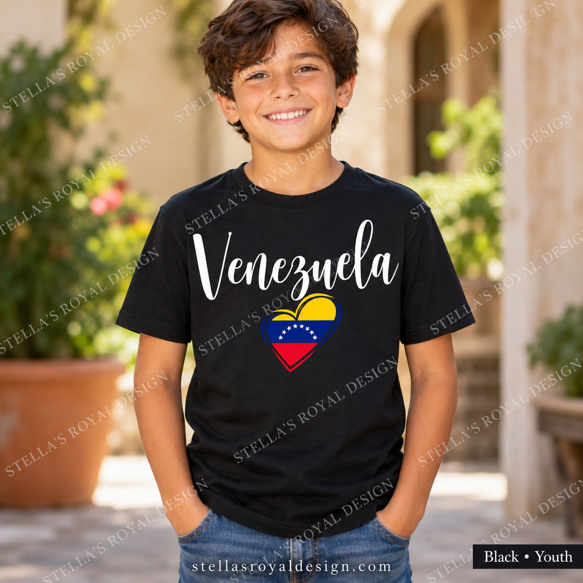 Youth Black Venezuela script and flag heart T-shirt; watermarked Stella's Royal Design mockup