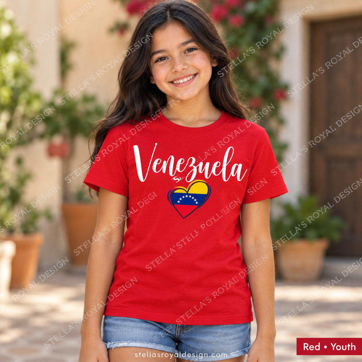Youth Red Venezuela script and flag heart T-shirt; watermarked Stella's Royal Design mockup