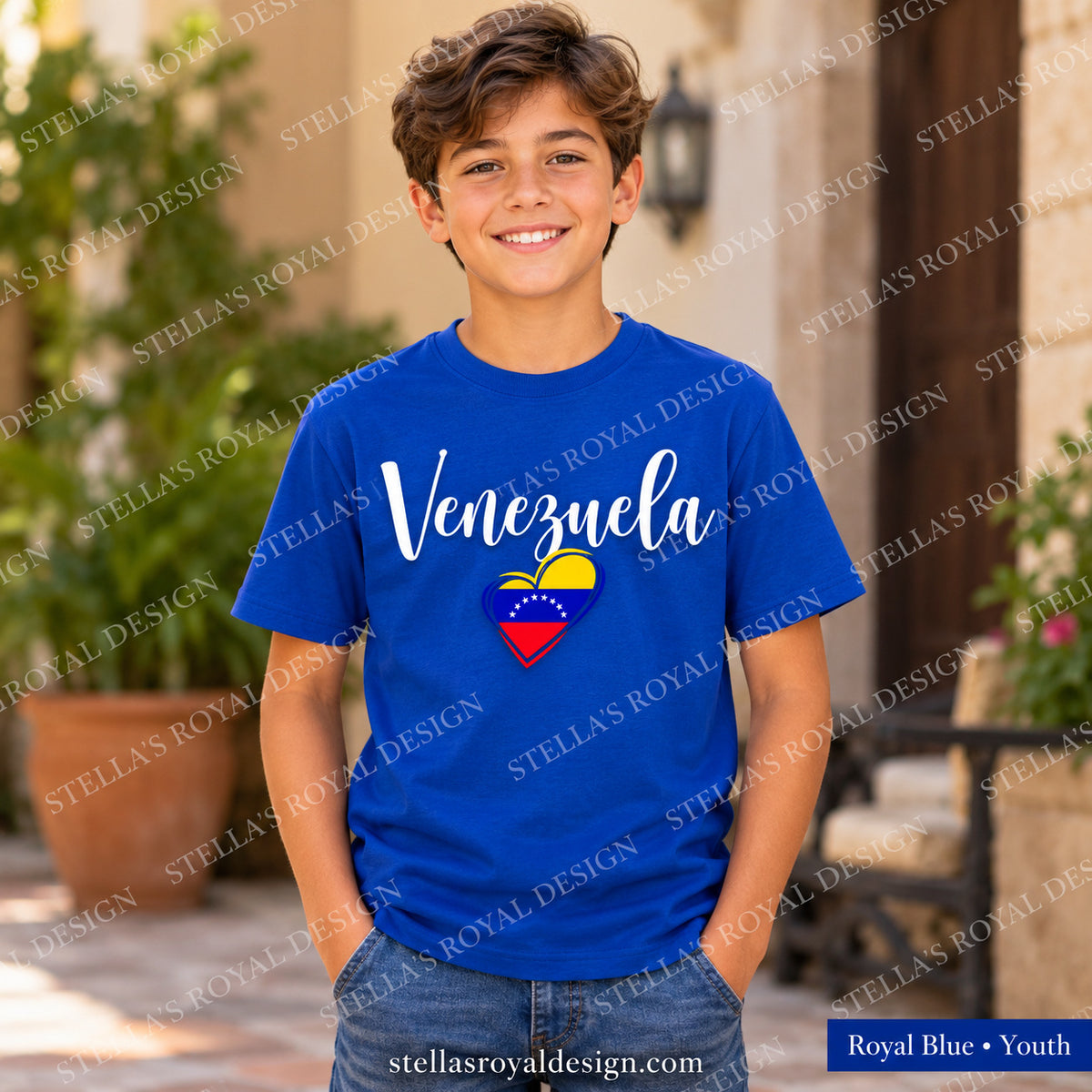 Youth Royal Blue Venezuela script and flag heart T-shirt; watermarked Stella's Royal Design mockup