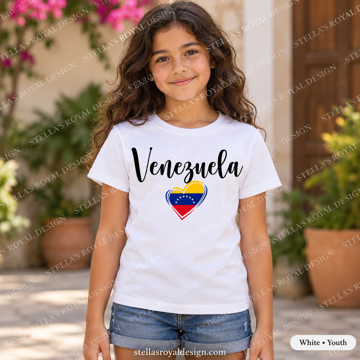 Youth White Venezuela script and flag heart T-shirt; watermarked Stella's Royal Design mockup