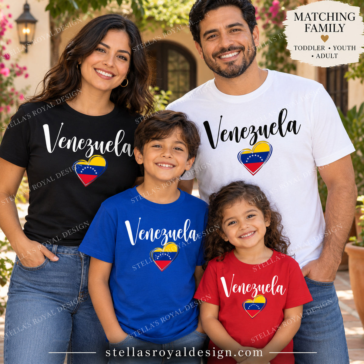 Matching family wearing Venezuela script and flag heart shirts in black, white, royal blue, and red; watermarked mockup
